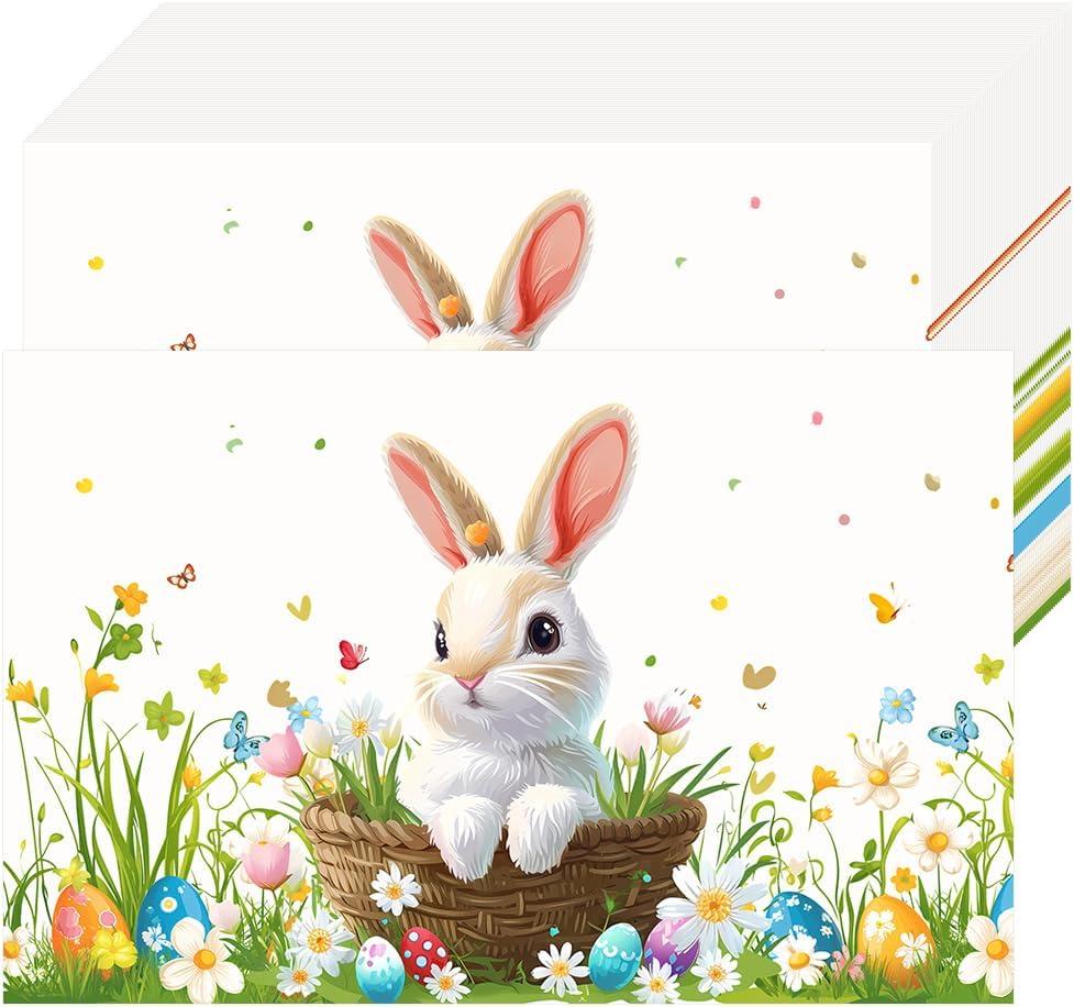 Easter Disposable Placemats 50 Pack 11 x 17 Inch, Bunny Rabbit Colorful Eggs Flower Print Waterproof & Greaseproof Place Mats for Easter Table Decorations, Holiday Party, Spring Festival Dinner
