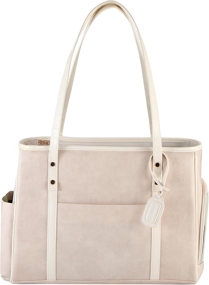 Fashion Dog Carrier Purse, Premium Leather Cat Carrier Bag, Airline Approved Soft Sided Pet Travel Tote Bag with Pockets Beige