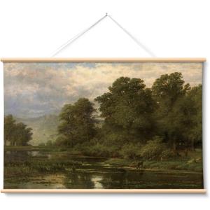 HUARCEY Extra Large Canvas Wall Art, 36x54 Inch Vintage Riverside Hanging Landscape Hanging Scroll, Oversized Rustic Nature Artwork Lake, Trees Mountains for Living Room, Office, Farmhouse