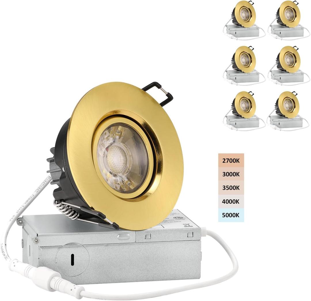POPANU Premium Shiny Gold 3-inch LED Recessed Lights - 5 CCT 3 Inch Eyeball Ceilling Gimbal Potlight, Dimmable Recessed Lights Fixture with Junction Box, 8W CCT Adjustable, Shiny Gold, 6P