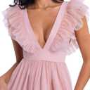 Women's Elegant Sleeveless Deep V Neck Mesh Ruffle Long Formal Party Evening Dress (S)