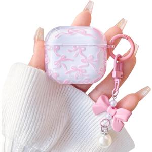 Lovmooful Compatible for AirPods 3rd Case Cute Clear Ribbon Bowknot with Lovely Pearl Chain Design for Women Girls Soft TPU Shockproof Protective Cover Case for Airpods 3 - Pink