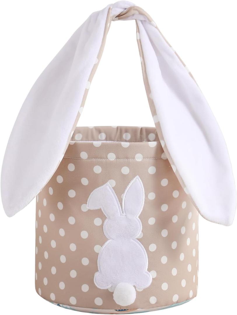 MONOBLANKS Easter Bunny Basket Bags Carrying Gift and Eggs Hunt Bag,Rabbit Canvas Toys Bucket Tote (A-Polka Dot)