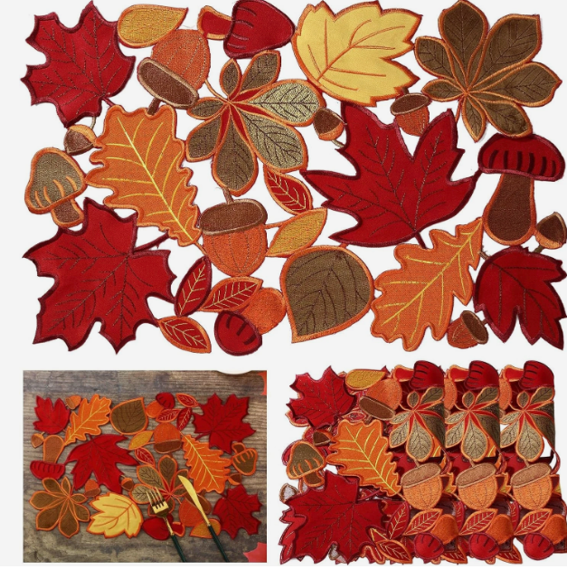 Fall Placemats Set of 6 Thanksgiving Place Mats Fall Autumn Maple Leaf Embroidered Placemats 11 x 17 Inch Thanksgiving Table Place Mats Decorations for Home Dining Kitchen Autumn Harvest