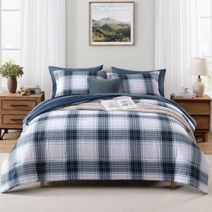 MaiRve Full Size Plaid Comforter Set Blue White, Classic 7 Pieces Farmhouse Bedding Set, All Season Lightweight Bed in A Bag with Sheets, Pillowcases & Shams
