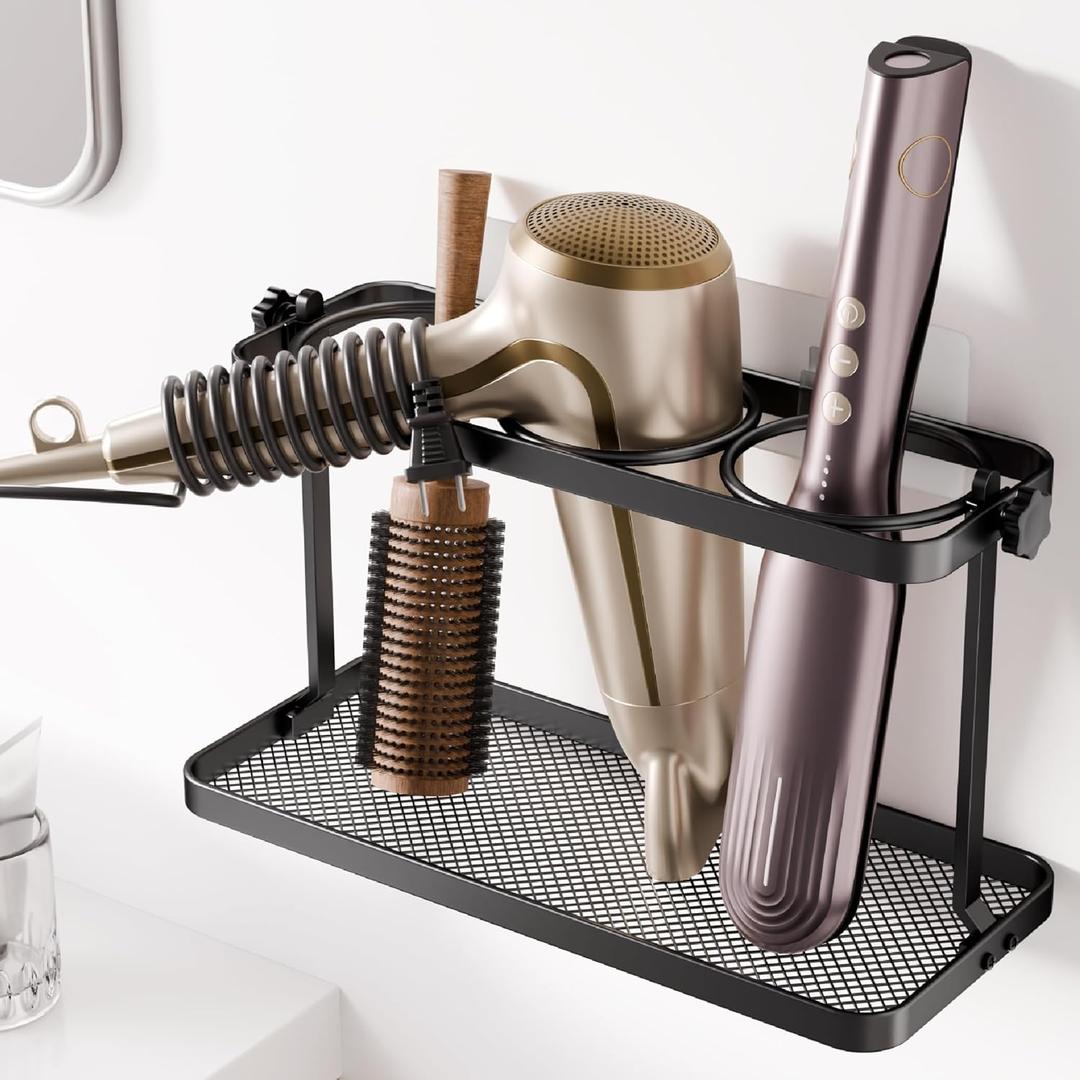 Adjustable Height Hair Tool Organizer Holder - Adhesive Wall Mounted for Blow Dryer, Curling Iron, Straightener - Multi-Position Bathroom Storage (Black)