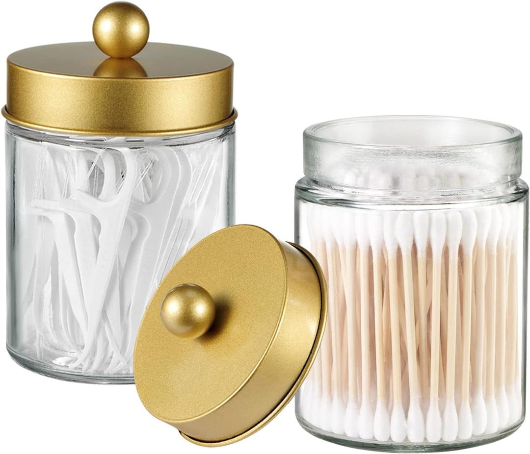 Komashr Apothecary Jar Canisters Bathroom Vanity Organizer - Qtip Holder Storage Organizer Countertop -Stainless Steel Lids &Cute Stickers for Qtips,Cotton Swabs,Makeup Sponges,Floss(2 Pack) (Gold)