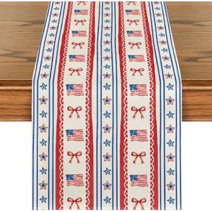 Artoid Mode Star Striped Bow American Flag 210 GSM 4th of July Table Runner, Memorial Day Kitchen Dining Table Decoration for Home Party Decor 13x72 Inch