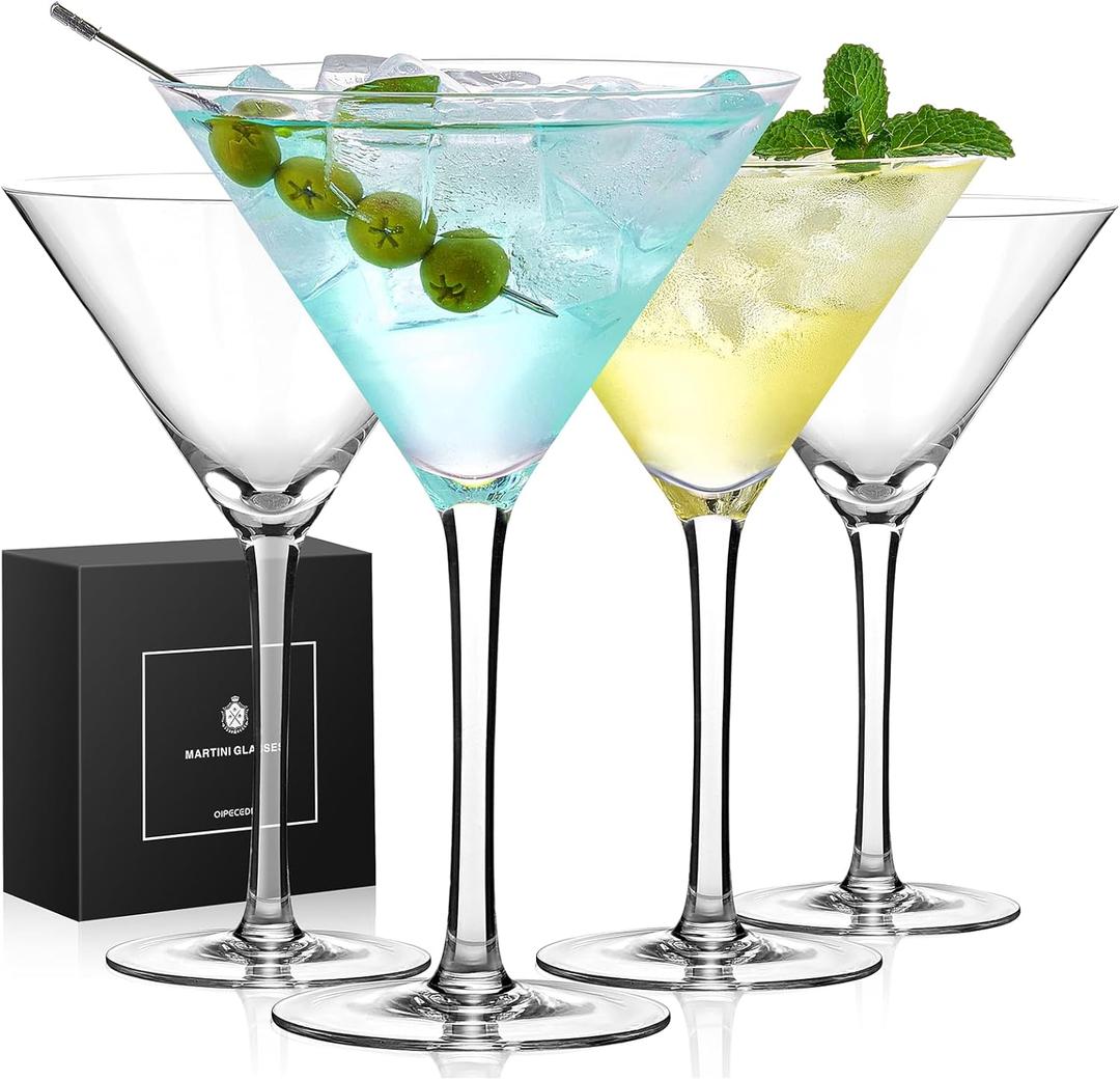Qipecedm Martini Glasses Set of 4, 9 oz Crystal Cocktail Glasses, Hand Blown Crystal Martini Glasses for Espresso Martini, Cosmopolitan, Gimlet, Home Bar, Party, Martini Glassware Gift Set (Stem)