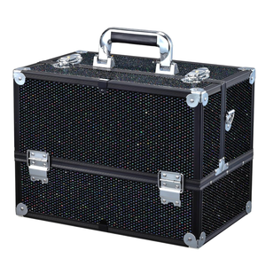 Joligrace Makeup Train Case Large 6 Tray Professional Organizer Box - Cosmetic Make Up Carrier with Lock & Key Carrying Strap for Studio Artist & Stylist Black Rhinestone