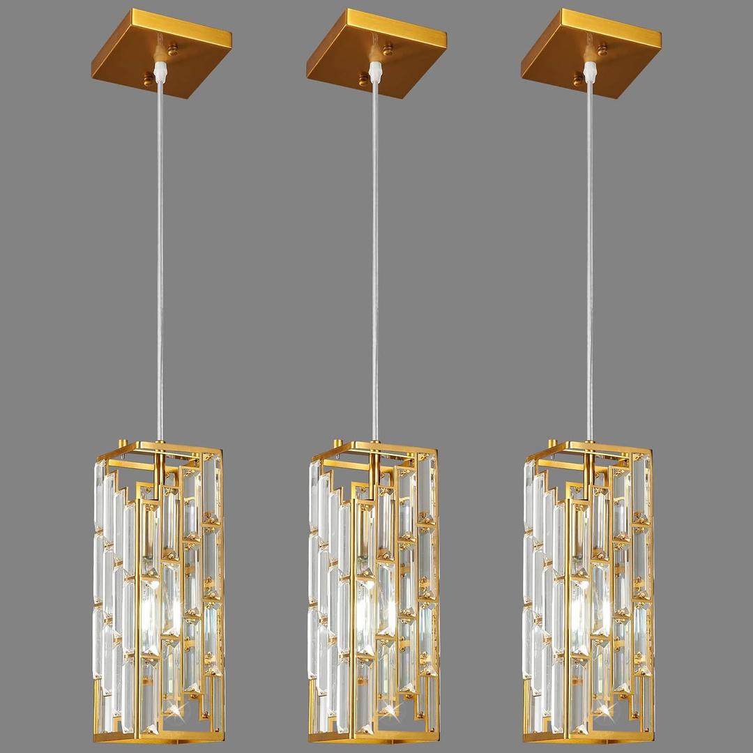 Gold Pendant Lighting Modern Pendant Light, Mini Crystal Chandeliers,Adjustable Pendant Light Fixture for Kitchen Island Dinning Room Bedroom (3 Pack)