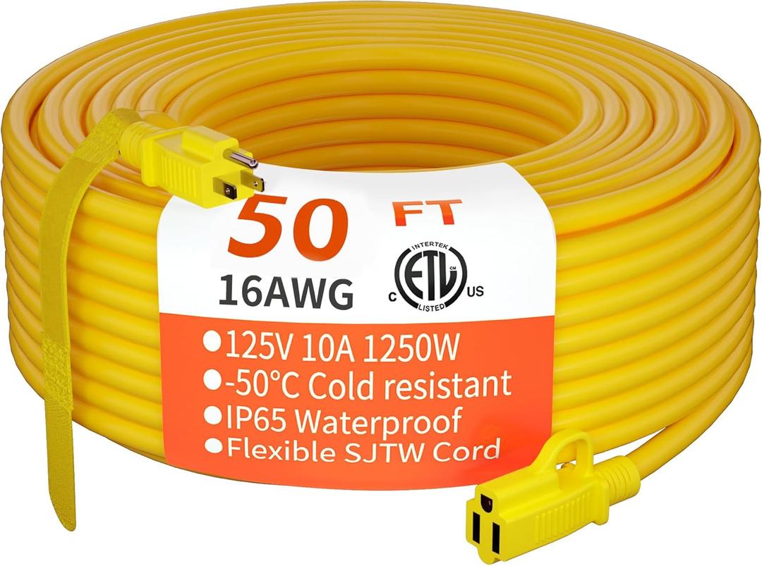 HUANCHAIN Indoor Outdoor Extension Cord 50 ft Waterproof, 16/3 Gauge Flexible Resistant Appliance Extension Cord Outside, 13A 1625W 16AWG SJTW, 3 Prong Heavy Duty Electric Cable Yellow, ETL