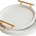 2 Piece White Round Serving Tray with Handles, Woven-Texture Faux Leather Ottoman Tray for Living Room, Decorative Tray for Coffee Table Home Decor