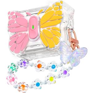 R-fun for AirPods Pro 3 Case Butterfly Artistry - Auto Pop-Up Lid & Kickstand, Military-Grade 360 Protection, with Beautiful Bracelet & Cleaning Kit for AirPods Pro 3 Gen, Pink Yellow