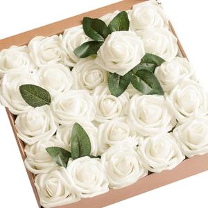Ling's moment Artificial Flowers 25Pcs Ivory Roses Decor w/Stems, 3" Real Touch DIY Foam Floral for Wedding Bouquet/Centerpieces, Outdoors Party Backdrop, Room/Table, and Garden/Pot Decorations