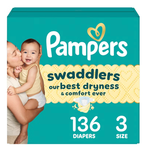 Pampers Swaddlers Diapers, Size 3 (13-26 lbs), 136 Count, Absorbent, Keeps Baby Dry and Comfortable, Skin Safe Disposable Baby Diaper 