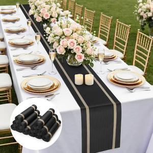 FAVE 12 Pack Woven Vinyl Table Runners 120x12 Inch Black with Gold Threads,