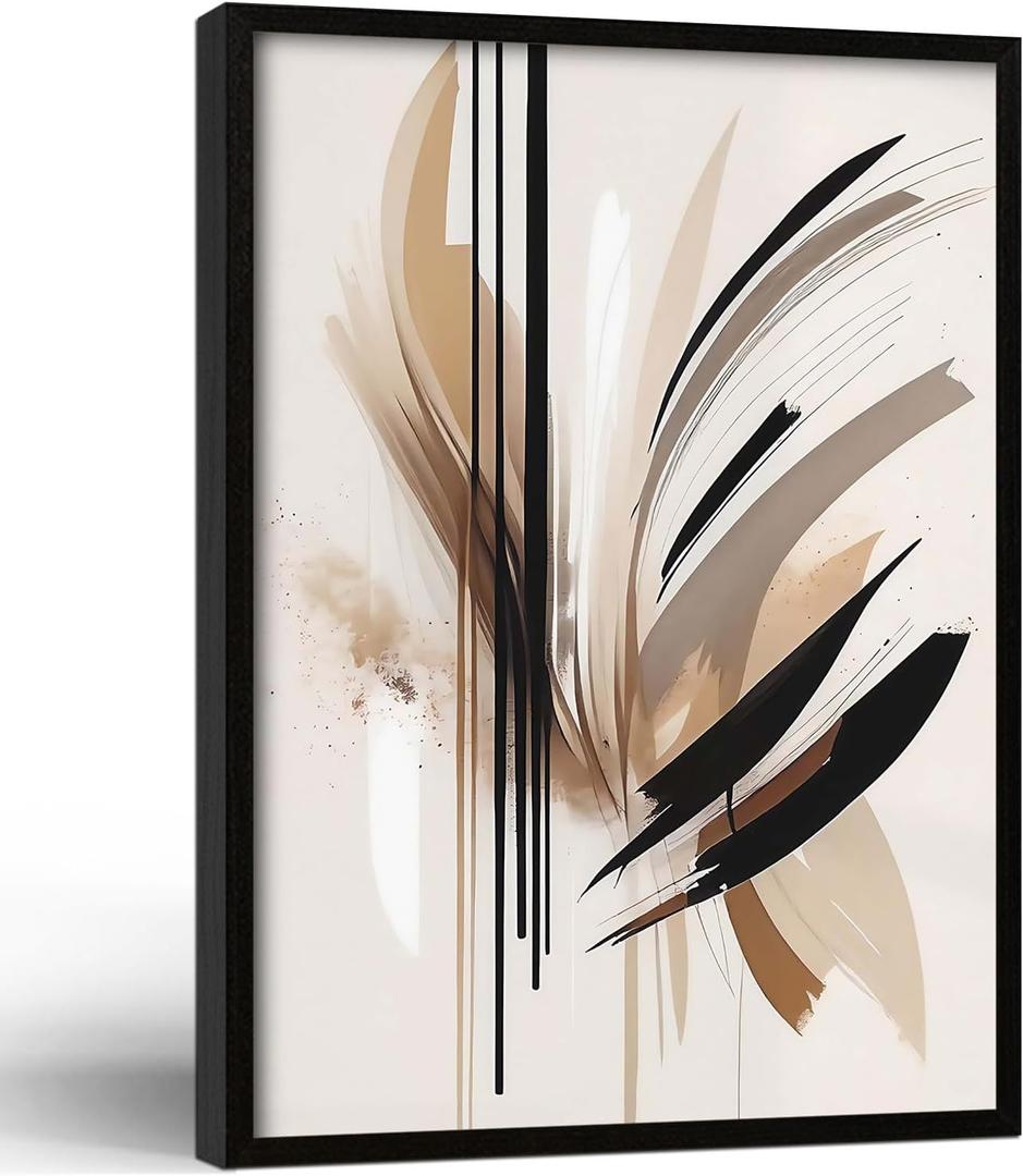 Framed Feather Lines Abstract Canvas Wall Art Print Modern Minimalist Poster Picture Living Room Bedroom Office Gallery Decor Living Room Bedroom Office Apartment 12X16 Inch Ready to Hang (Black and White Feather Lines)