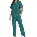 CF Womens 100% Cotton Pajamas Set Button Down Pjs Sets Short Sleeve Top & Pants Sleepwear Comfy Loungewear with Pockets(Green,L)
