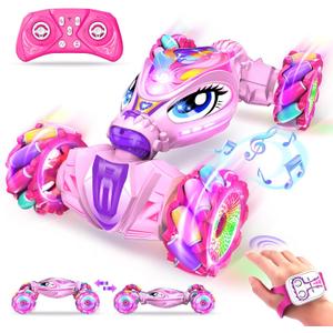 Unicorn Remote Control Car for Girls Age 6-8-12, Pink RC Gesture Sensing Stunt Cars, 2.4Ghz 4WD RC Cars Hand Controlled Remote Control Twist Car with Light & Music, Gift for Kids Age 6 7 8 9 10 11 12+