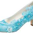 Wedding Shoes Women's Silk Like Satin Chunky Heel Pumps with Stitching Lace Flower Crystal Pearl (9, Cyan-Blue)