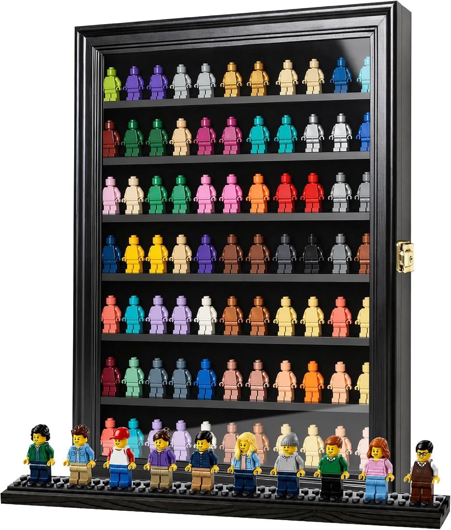 Minifigure Display Case Wall Mounted Lockable Cabinet with UV Door, Adjustable Shelves & Anti-Slip Strips for Building Block Toys, Model Cars, Action Figures, Coins, Medals, Black