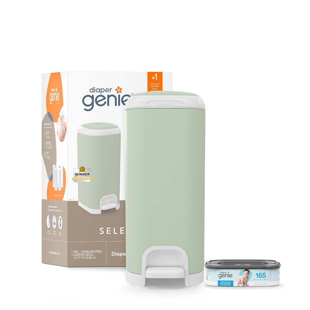 Diaper Genie Select Pail (Green) is Made of Durable Stainless Steel and Includes 1 Starter Square Refill That can Hold up to 165 Newborn-Sized Diapers.