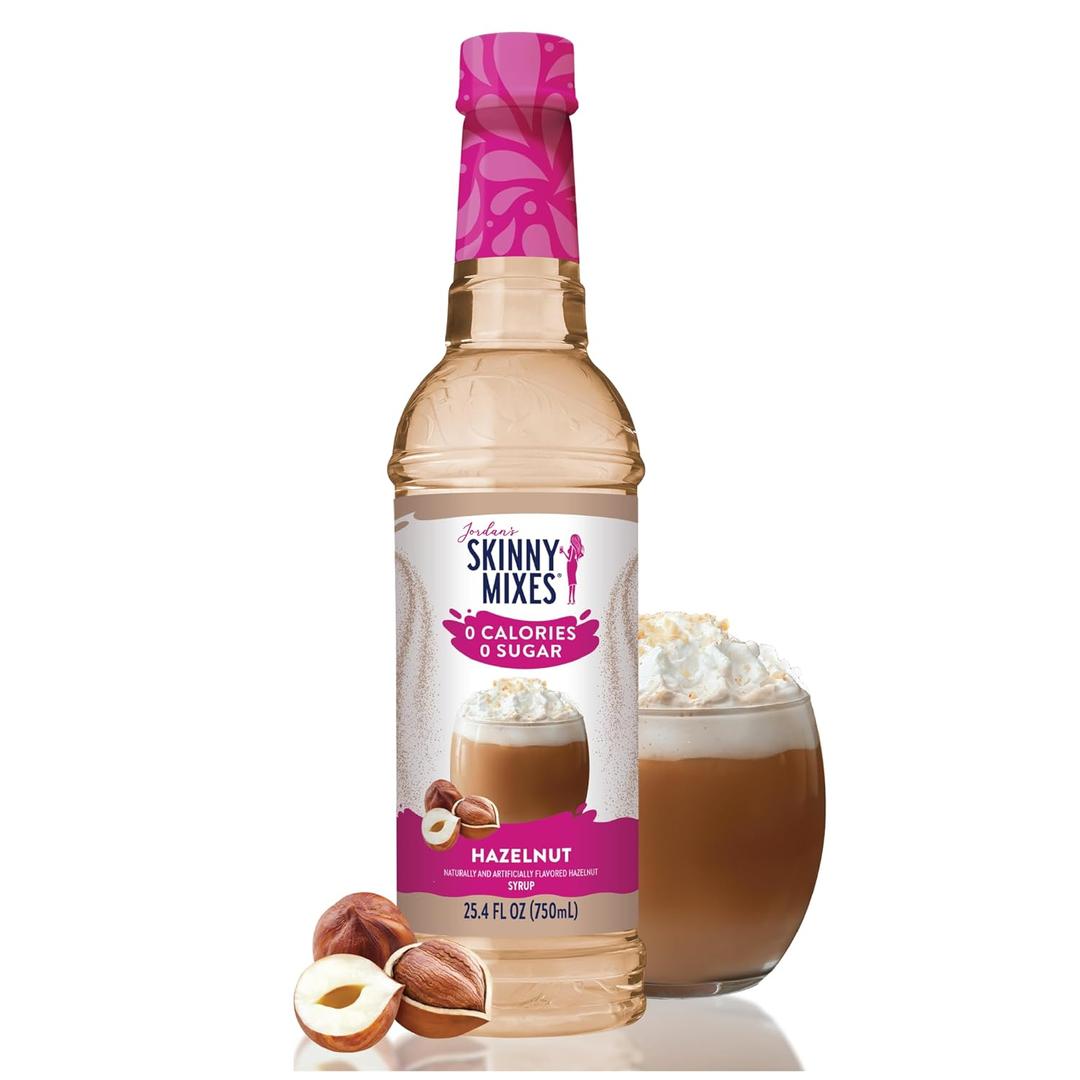 Jordan's Skinny Mixes Sugar Free Coffee Syrup, Hazelnut Coffee Flavoring Syrup, Zero Calorie Drink Mix, Lattes, Baking, Protein Shake or Cocktail, Dairy & Gluten Free, Kosher, 25.4 Fl Oz (EXP 12/23/27)