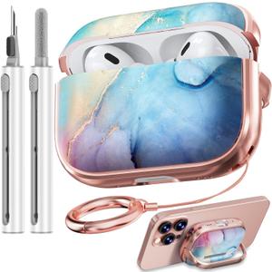 Inesore for AirPods Pro 2nd Generation Case Cover with Lock, Flowers Cute Air Pods Pro 2 Case Hard iPod Pro Cases for Women Girls with Cleaner Kit (2023 USB-C /2022/2019) -Blue Rainbow Gold Marble