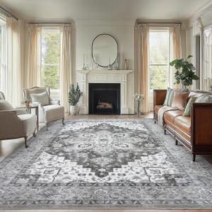 AMADA HOMEFURNISHING 9x12 Area Rugs, Low-Profile Large Washable Area Rug with Non-Slip Backing & Durable Edge Binding, Vintage Rugs for Living Room, Bedroom & Dinning Room (Light/Grey)