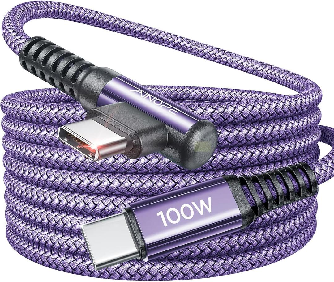 AINOPE USB C to USB C Cable 100W Durable iPhone 16 Charger Cord Right Angle, USBC to USBC Cable Cord Fast Charging Fit iPhone 16 Pro Max Plus MacBook/iPad Pro/Samsung (1.6FT/2*3.3FT/2*6.6FT)Purple