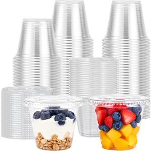 Lamosi 9 oz Clear Plastic Cups with Lids 50 Pack, Clear Disposable Cups with Flat Lids No Hole for Fruit, Snack, Pudding, Cold To Go Drinks or Milkshakes