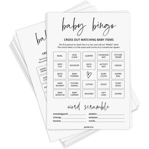 Baby Shower Bingo Game (50 Unique Cards), Pre-Filled, Baby Shower Games, Added Word Scramble - Minimalist