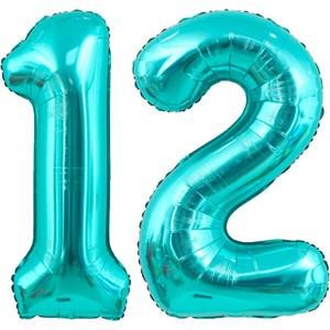 40 Inch Big Teal Blue Number 12 Foil Mylar Helium Balloons 0-9 Large Digital 12th for Birthday Anniversary Graduation Decorations