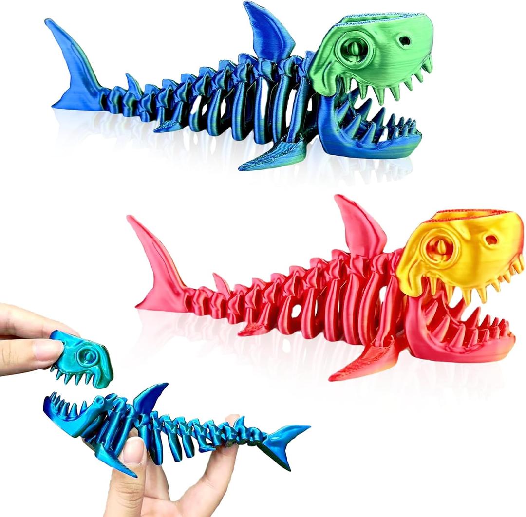 3D Printed Shark Animals Toys - 2PCS Flexible Fidget Toys for Adults, Home Office Decor, Stocking Stuffers Bulk, Birthday Party Halloween (Grey)