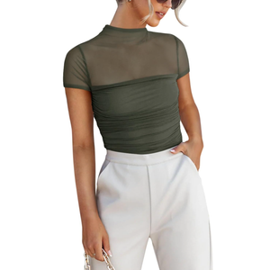 REORIA Women's Sexy Mock Turtle Neck Short Sleeve Shirts Sheer Mesh Ruched Trendy Going Out Bodysuits Tops, M