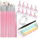 FANDAMEI Nail Art Tools, Nail Brush, 15 PCS Nail Art Brushes, 5 PCS Nail Dotting Tool, Nail Stand, Nail Holder For Painting Nails, Press On Nail Stand, Nail Tools, Nail Design Tools (Pink)