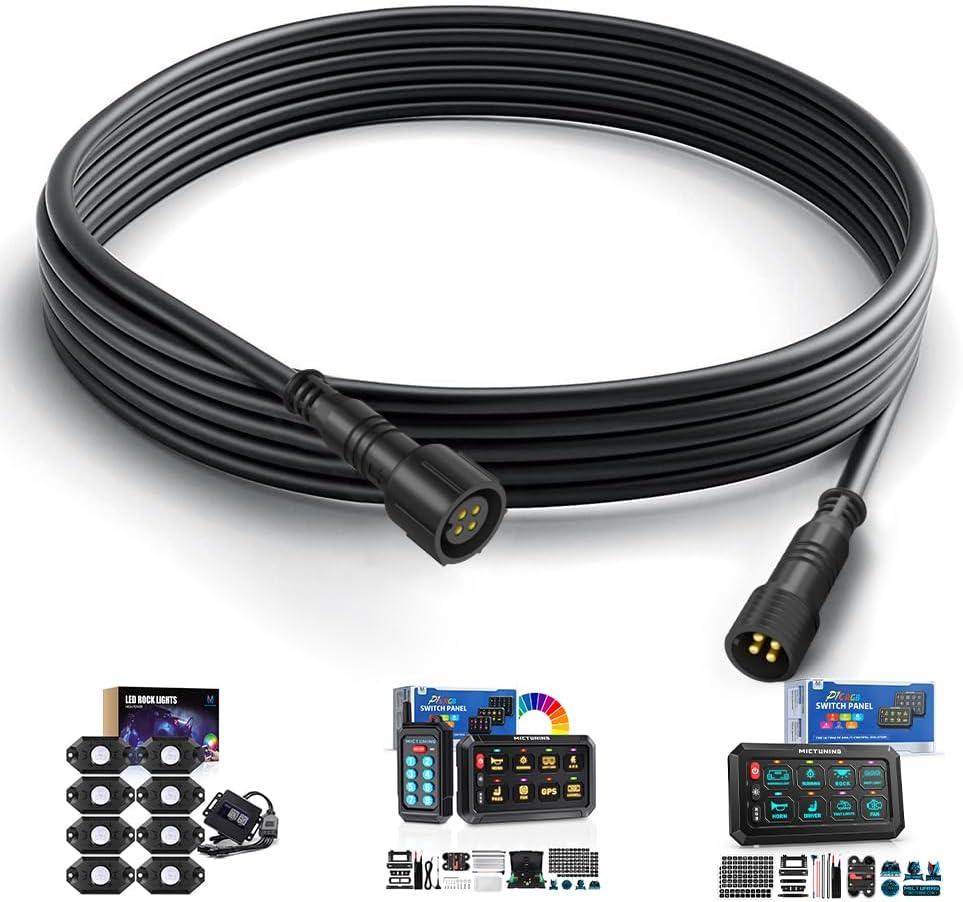 MICTUNING 2PCS 10FT 4 Pin Extension Cables - Exclusive for 2nd-Gen RGB Rock Lights and P1Y P1s P1C P8 Series Switch Panel Connection