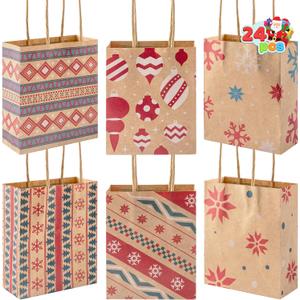 JOYIN 24 PCS Christmas Kraft Gift Bags with Handles, Reusable Xmas Paper Goody Wrap Craft Bags for Holiday Presents, Giant Gifts Decorations, Party Favors and Decor Supplies (5.25 x 4.25 x 2) (Brown)