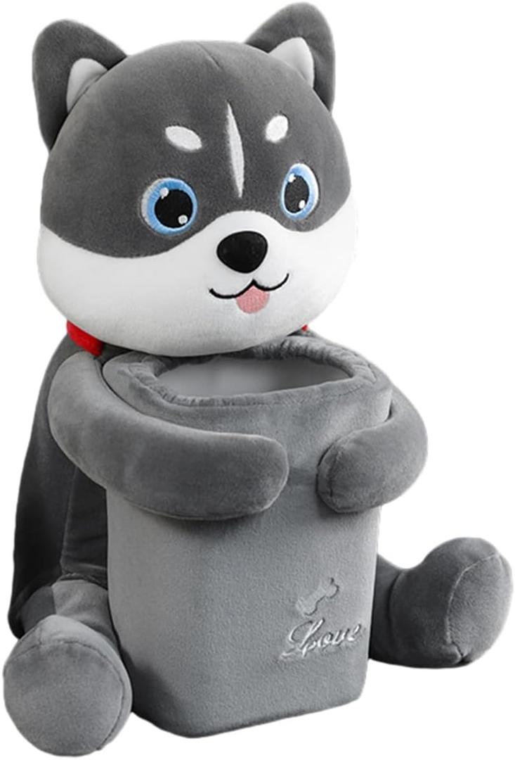 Multifunctional Deluxe Trash Can and Storage Box, Cute Tissue Box, Creative Animal Cartoon Decorative Organizer for Car and Home, Dog, Grey