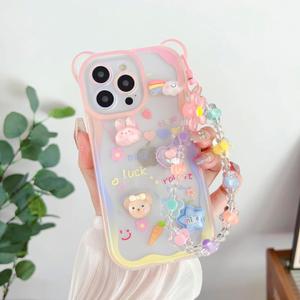 Roemary 3D Cartoon Case for iPhone 16 Pro with Wrist,Rainbow Bunny Case for Girls Women,Girly Design TPU Soft Bumper Protective Cover(3D Wrist)