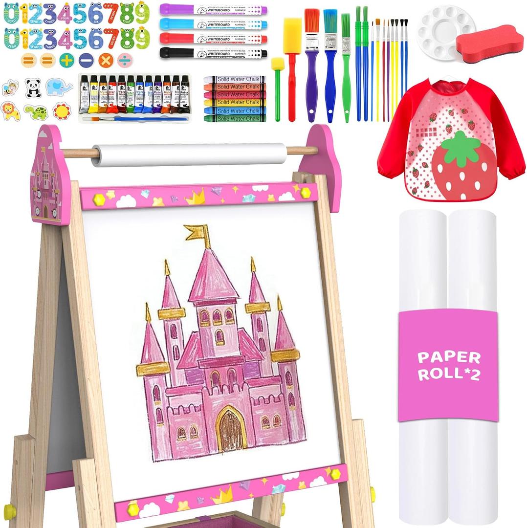 Art Easel for Kids Easel for Toddlers,Adjustable Standing Wooden Toddler Easels White Board & Chalkboard for Kids,Paint Art Easel for Kids 2-4 4-8 9-12 Painting Easels Birthday Gift (Pink)