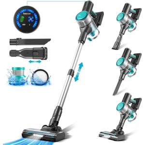 Cordless Vacuum Cleaner, Stick Vac with Anti-Tangle Brush, LED Display, 6 Suction Adjustable, Rechargeable, Lightweight, Flexible for Floor, Low Rug
