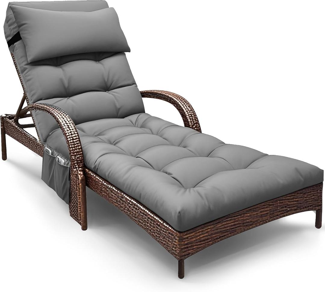 Outdoor Chaise Lounge Chair Cushion, Waterproof Outdoor Chair Cushions for Patio Furniture, 71 x 21 x 4 Inches Replacement Chaise Lounge Cushion with Ties (Grey)