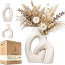 White Ceramic Vase Set of 2, Hollow Oval Flower Vases for Decor, Handmade Nordic Minimalist Ceramic Vase for Pampas Grass, Living Room, Farmhouse & Boho Home Decor, Housewarming Gifts