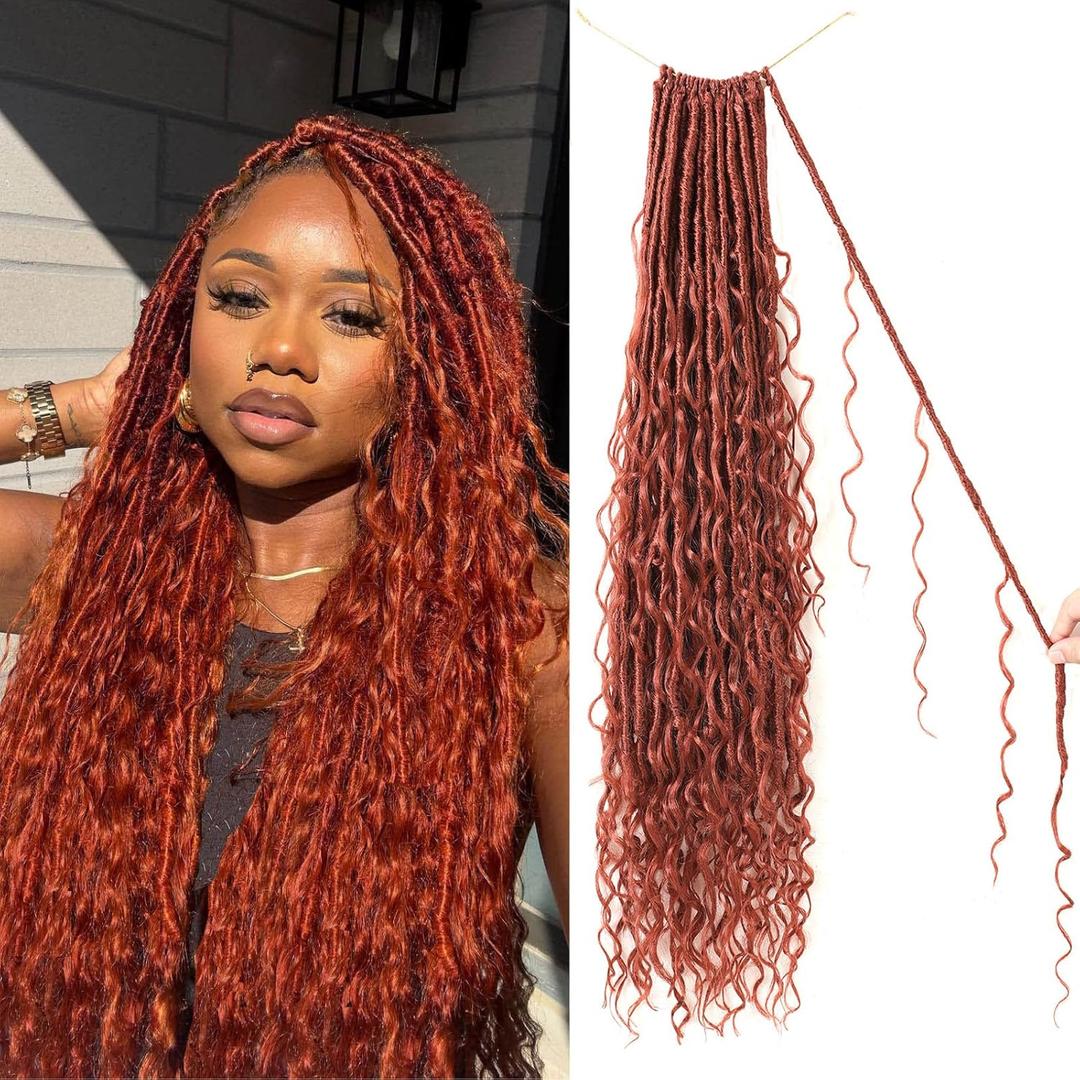 9 packs Boho Faux Locs Crochet Hair, 24 Inch, Ginger Red Pre Looped Goddess Soft Locs Crochet Hair with Curly Ends, Bohemian River Locs for Black Women(350#, 24 Inch)