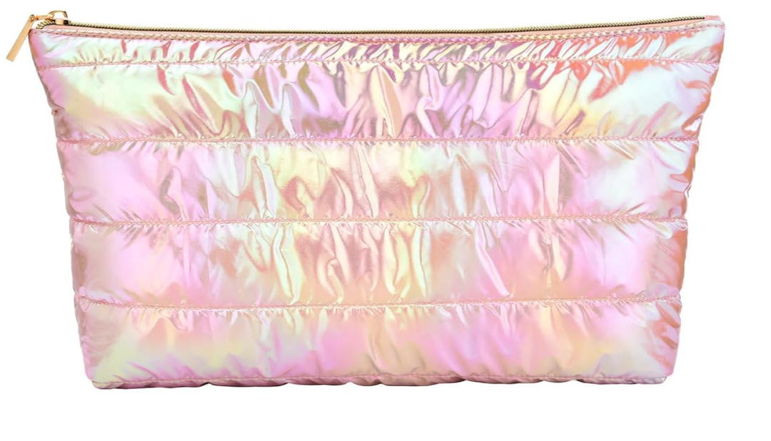 Hiroyuki Iridescent Makeup Bag, 14 inches Cosmetic Bag, Large Capacity Travel-Friendly Pouch (pink)