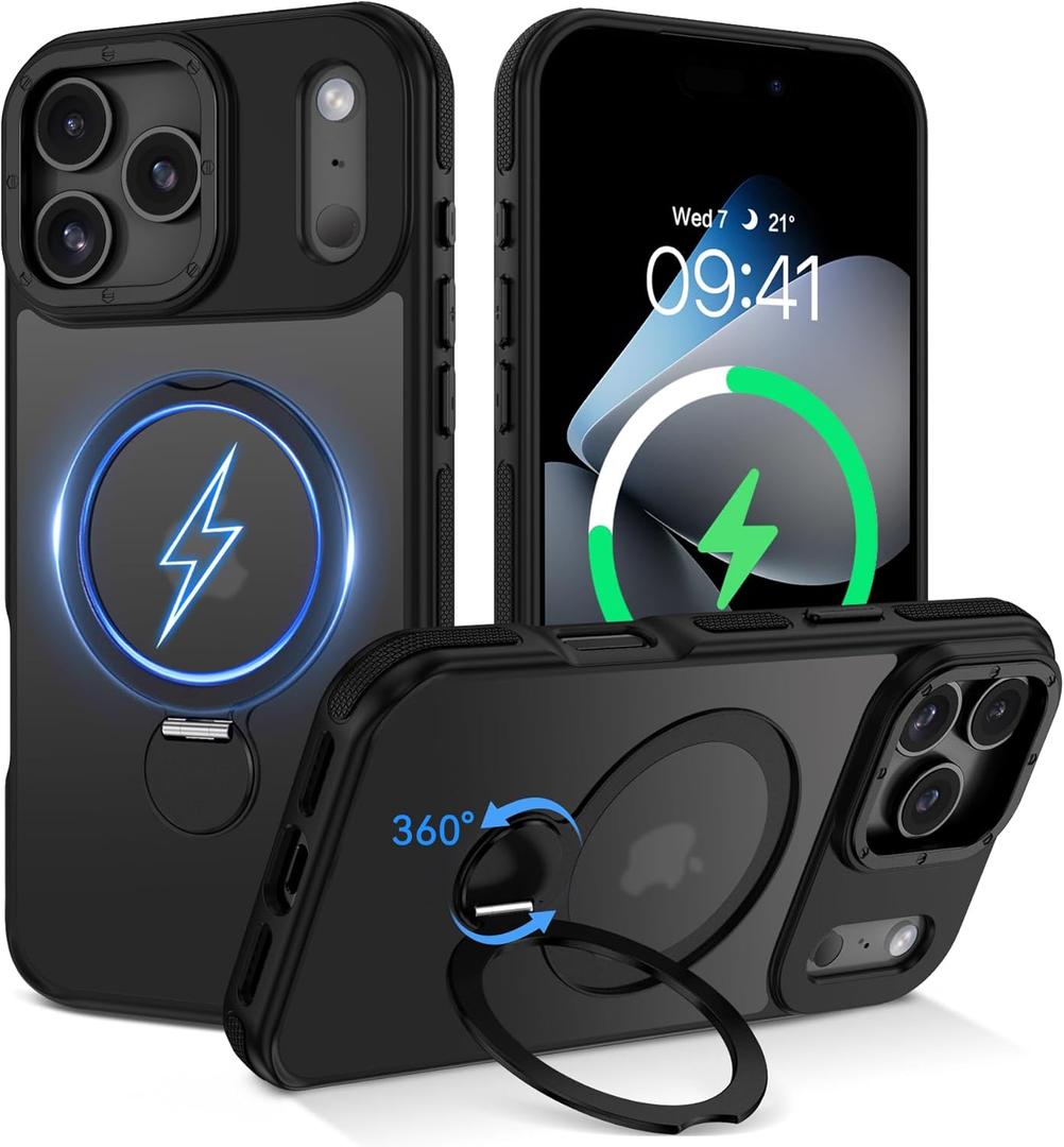 DUEDUE for iPhone 17 Pro Max Case with 360Spin Magnetic Stand[Compatible with MagSafe][Rotatable Ring Holder], Translucent Cover Slim Protection Cases for iPhone 17 Pro Max 6.9", Black