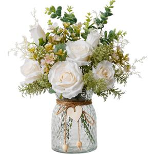 Fake Flowers in Vase,Faux Flowers for Vase,Artificial Silk Roses,Dining Table Centerpiece Decor,Flower Arrangements for Home Decor,Kitchen Decor (Milky White)