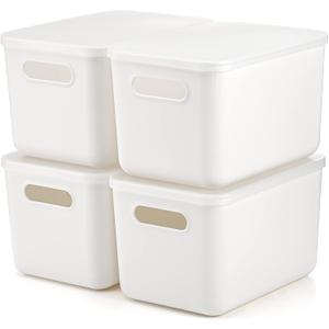 Lawei 4 Pack Plastic Storage Bins with Lid, White Stackable Storage Basket Organizer Box, Sturdy Containers Organizing Lidded Bins for Shelves, Cabinet, Desk, Pantry, Bedroom, Book, Toys
